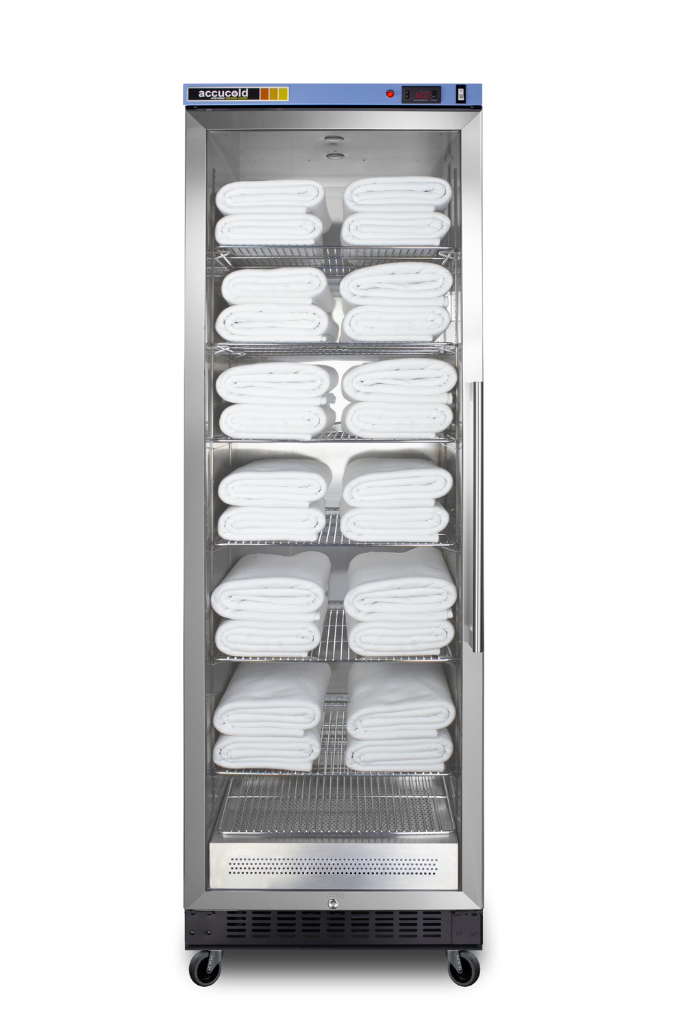 Single chamber passive heating blanket warmer with a self-closing glass door, stainless steel interior, digital thermostat, black cabinet, and lock